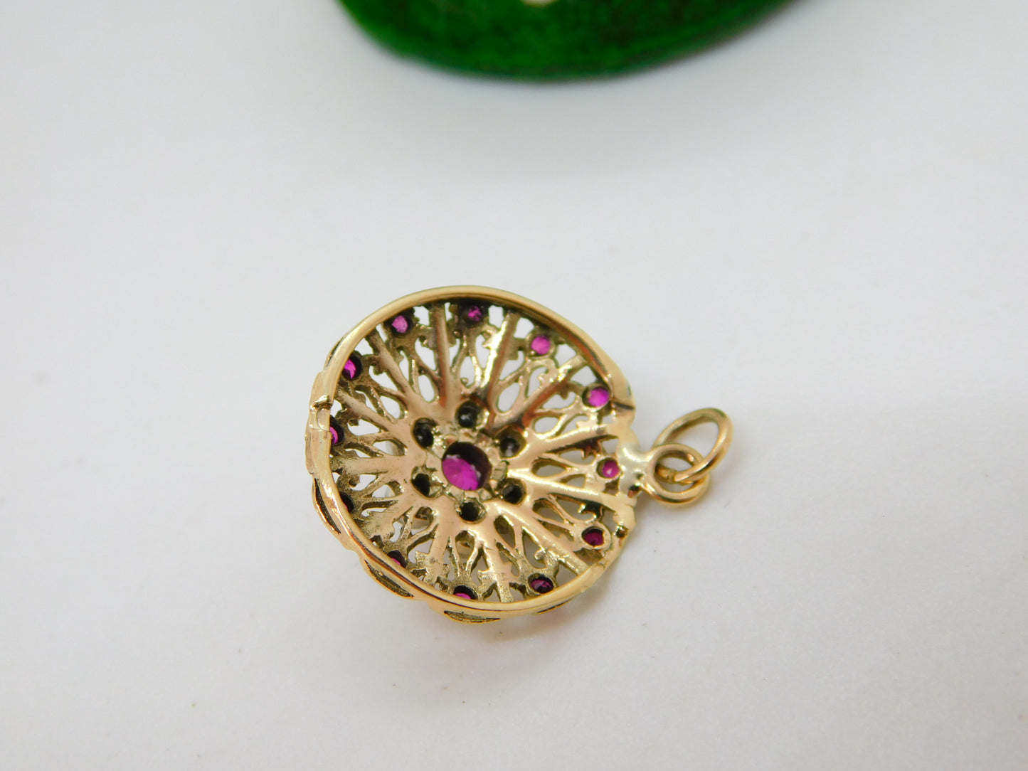 9ct Yellow Gold, Ruby & Diamond Floral Drop Pendant Vintage c1970