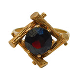 9ct Yellow Gold Brutalist Bark Pattern Garnet Dress Ring Vintage 1971 Birmingham