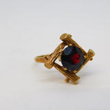 9ct Yellow Gold Brutalist Bark Pattern Garnet Dress Ring Vintage 1971 Birmingham