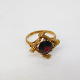 9ct Yellow Gold Brutalist Bark Pattern Garnet Dress Ring Vintage 1971 Birmingham