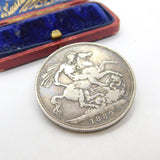 Victorian Sterling Silver Crown Coin Brooch Pin Antique 1889