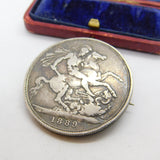 Victorian Sterling Silver Crown Coin Brooch Pin Antique 1889