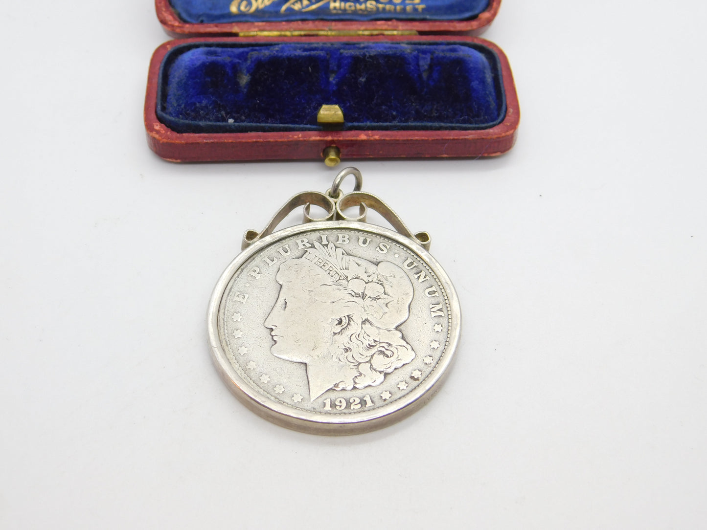 USA Sterling Silver Mounted Morgan Dollar Coin Pendant 1921 Antique