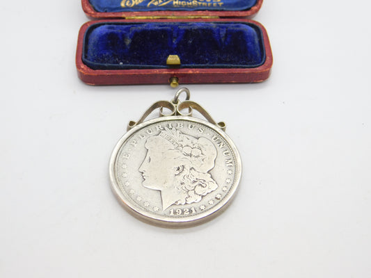 USA Sterling Silver Mounted Morgan Dollar Coin Pendant 1921 Antique