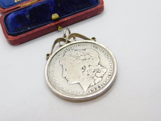 USA Sterling Silver Mounted Morgan Dollar Coin Pendant 1921 Antique