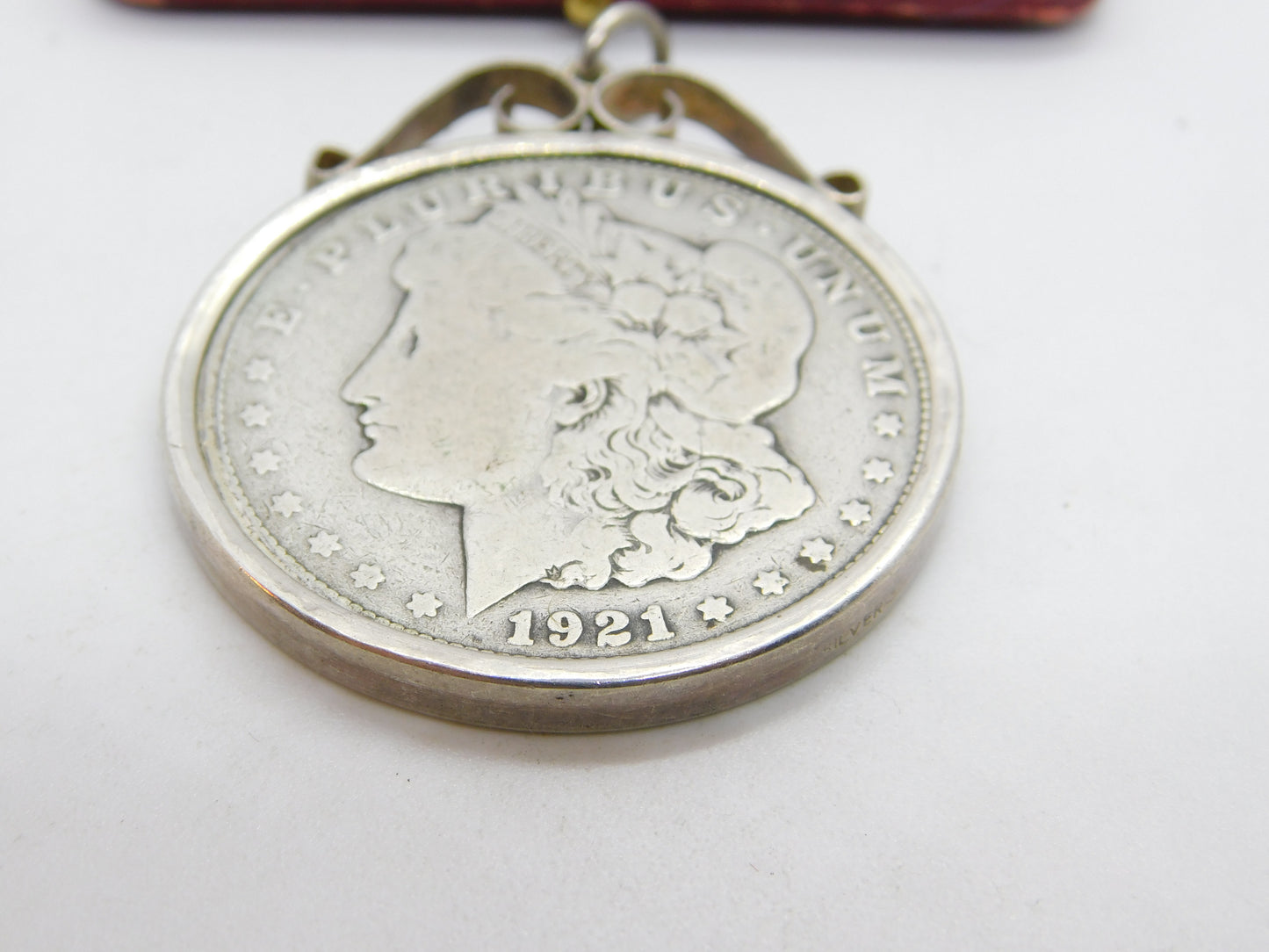 USA Sterling Silver Mounted Morgan Dollar Coin Pendant 1921 Antique