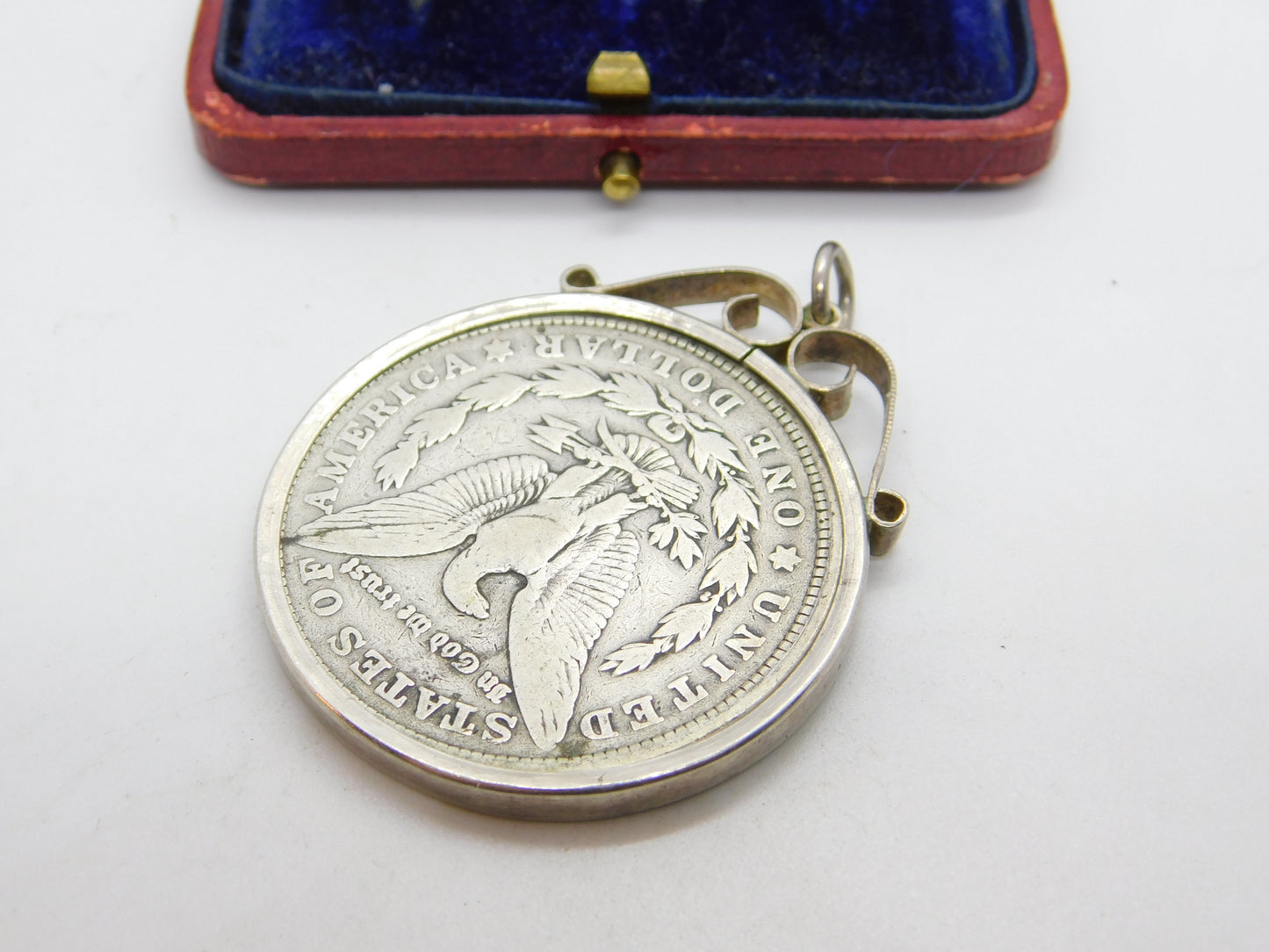 USA Sterling Silver Mounted Morgan Dollar Coin Pendant 1921 Antique