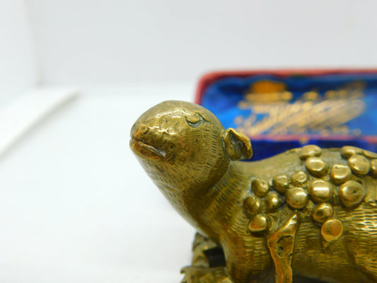 Victorian Chinese Cast Brass Otter Sculpture With Prunus Antique c1860