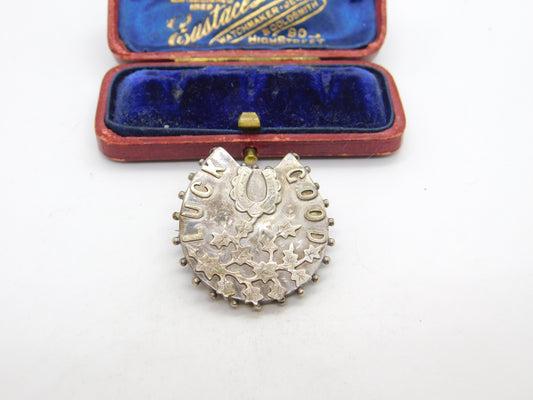 Victorian Sterling Silver 'Good Luck' Sweetheart Brooch 1888 Chester Antique