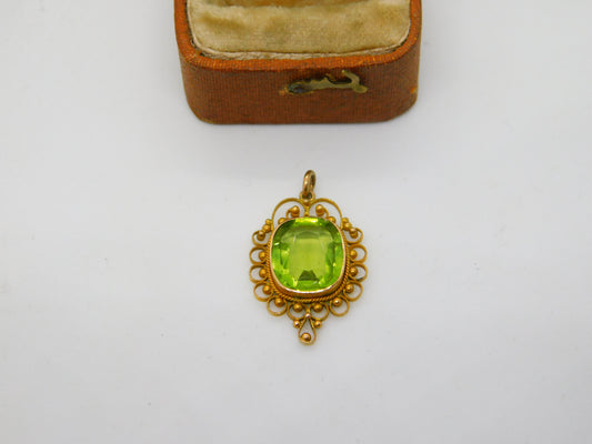 Edwardian 9ct Gold & Peridot Set Drop Pendant Antique c1910 Suffragette