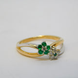 14ct Two-Tone Gold, Emerald & Diamond Floral Crossover Ring Vintage c1990