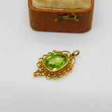 Edwardian 9ct Gold & Peridot Set Drop Pendant Antique c1910 Suffragette