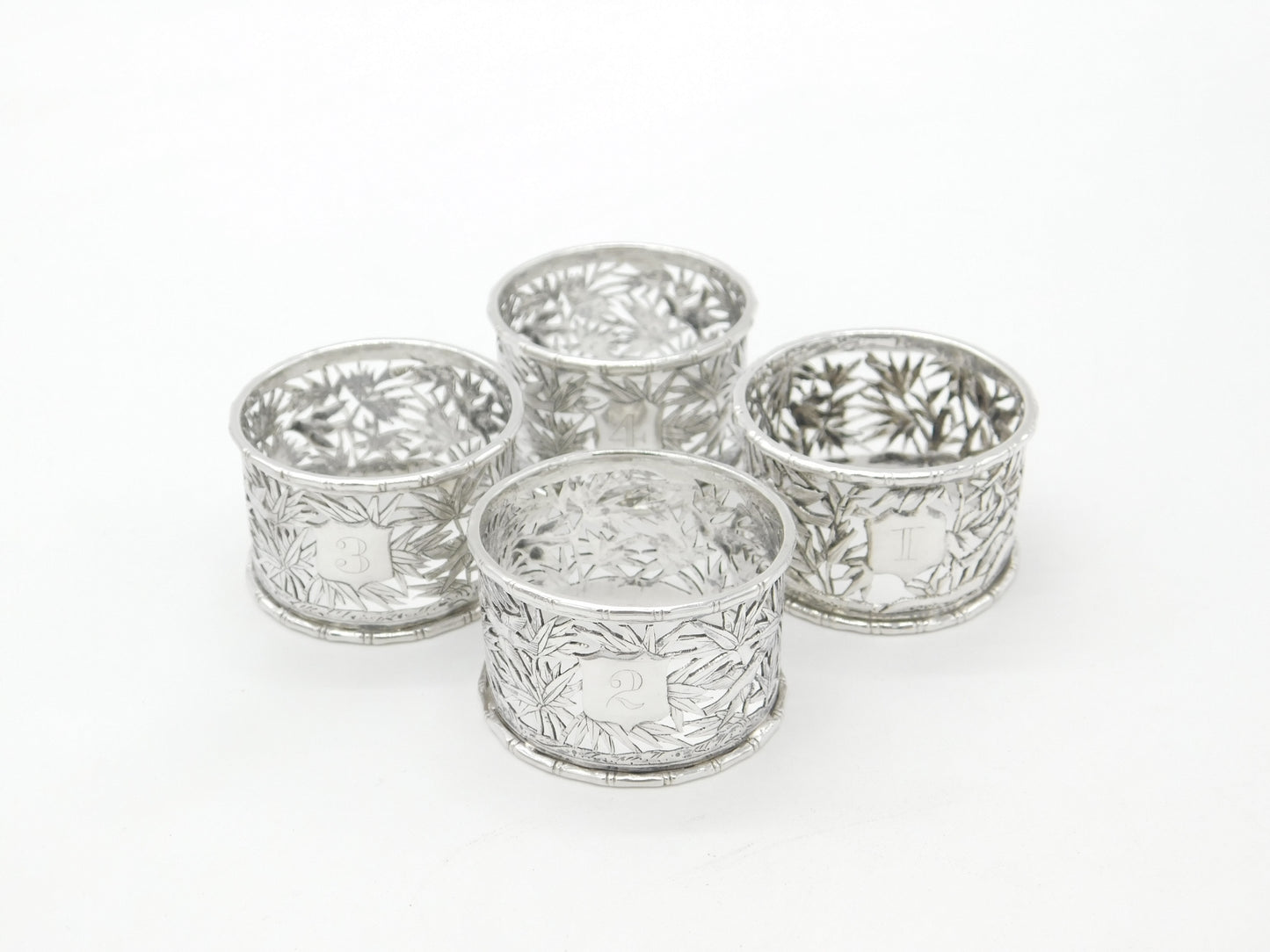 Luen Wo Shanghai Chinese Sterling Silver Set of 4 Numbered Napkin Rings c1890