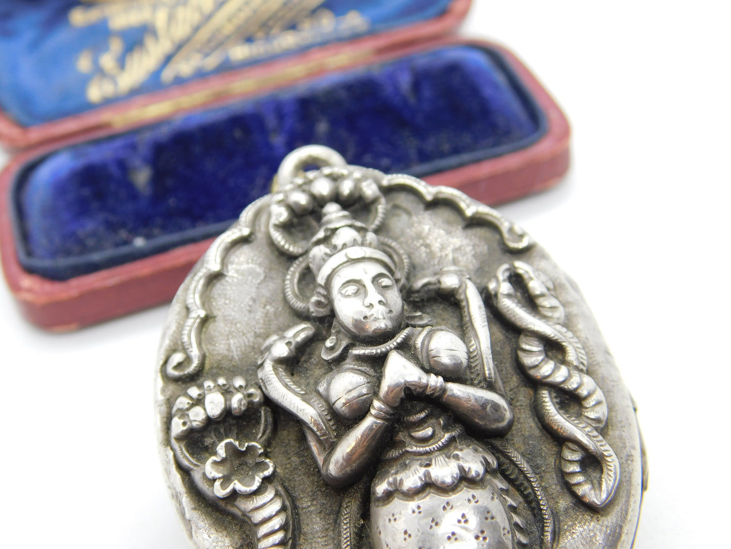 Victorian Large Sterling Silver Indian Locket or Pendant Antique c1880