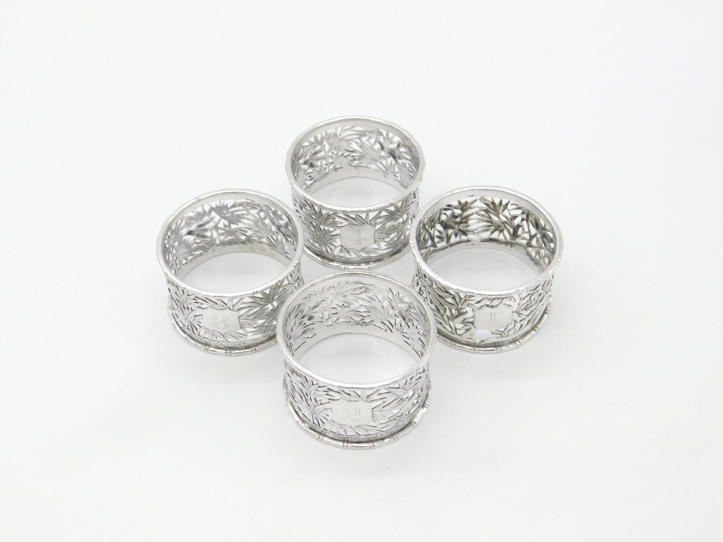 Luen Wo Shanghai Chinese Sterling Silver Set of 4 Numbered Napkin Rings c1890