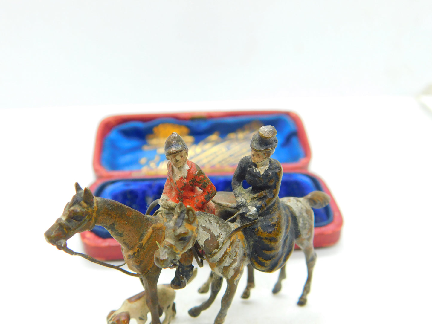 Victorian Cold Painted Small Bronze Hunting Scene Sculpture With Hound c1880