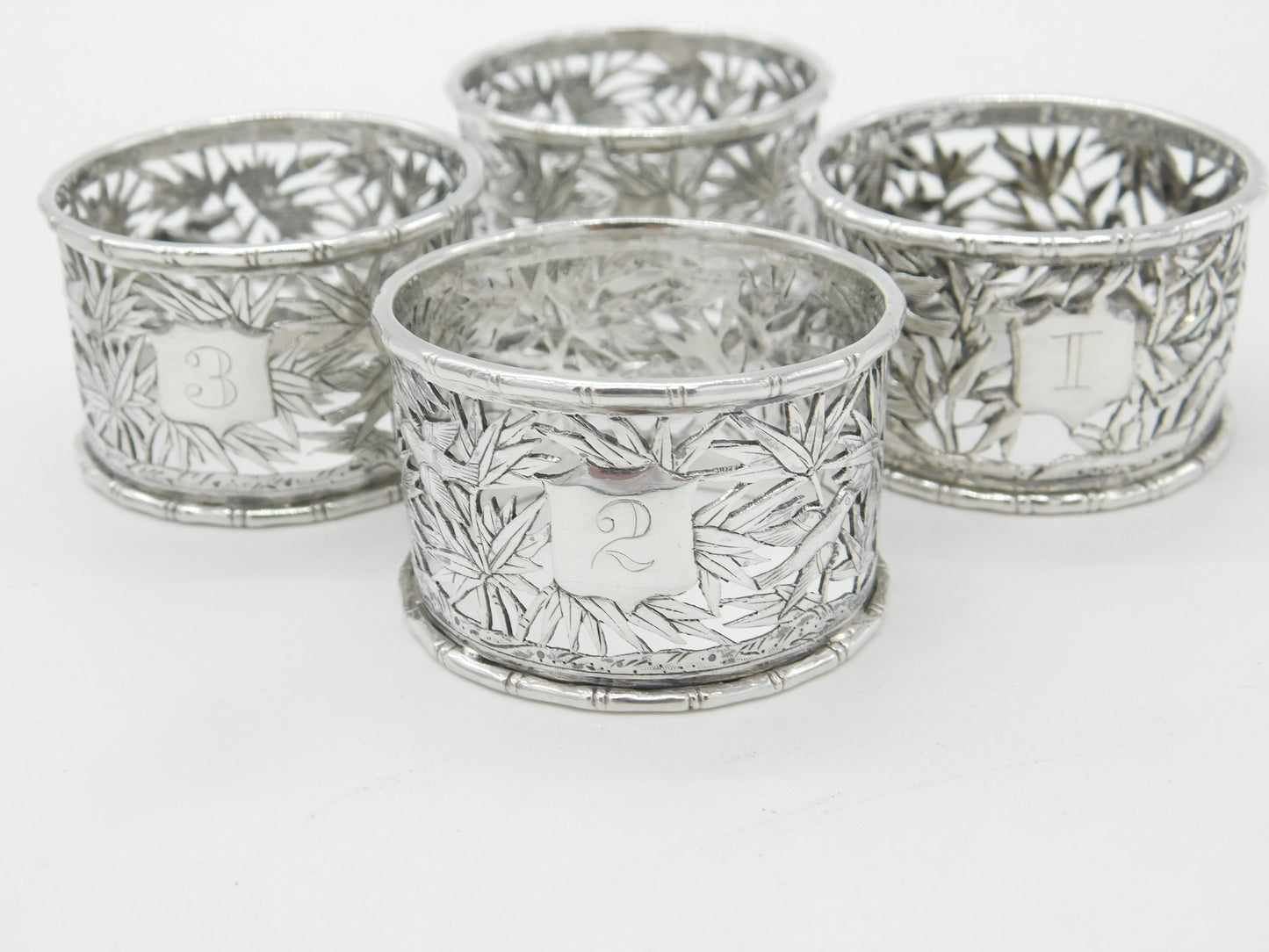 Luen Wo Shanghai Chinese Sterling Silver Set of 4 Numbered Napkin Rings c1890