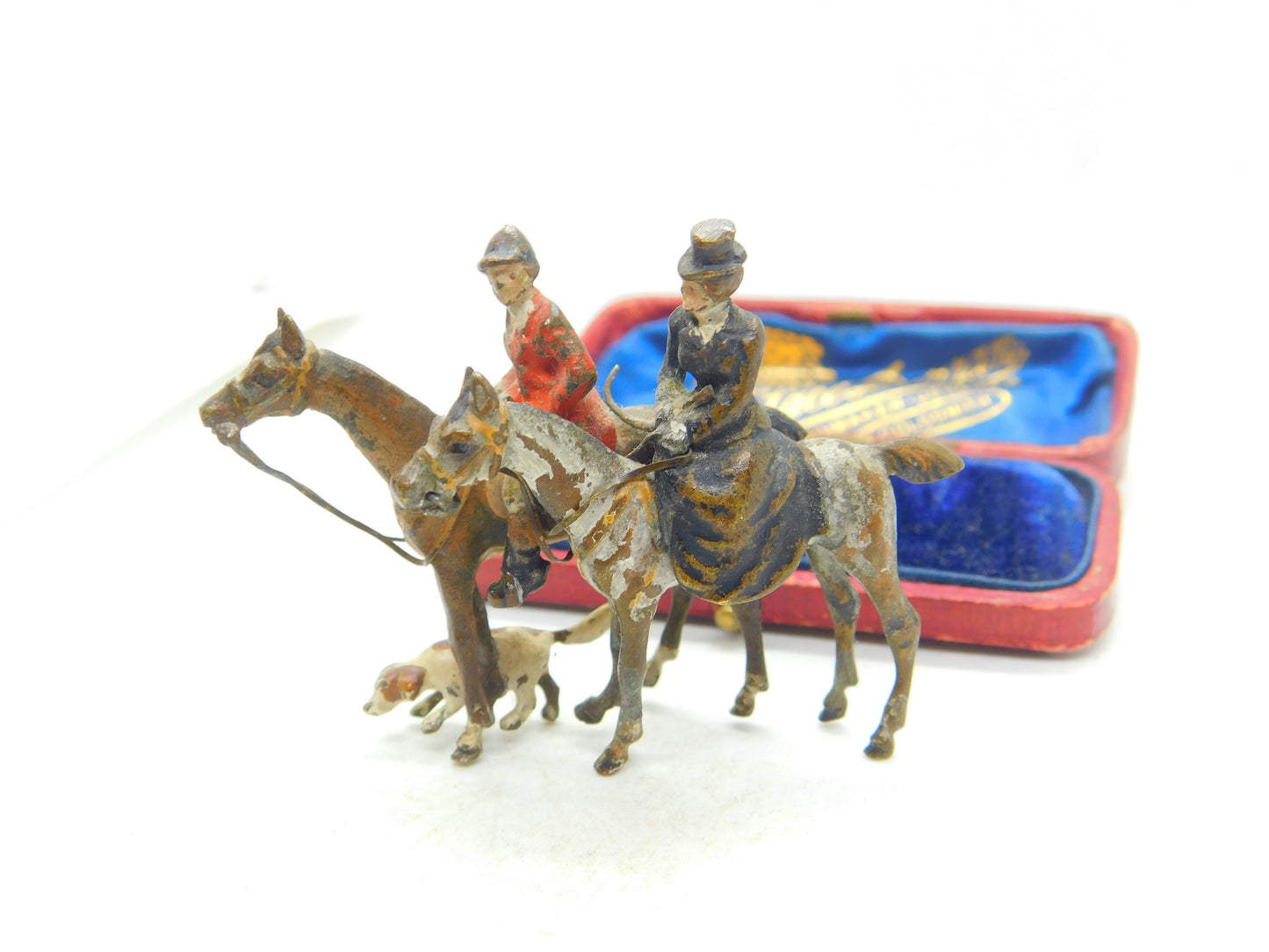 Victorian Cold Painted Small Bronze Hunting Scene Sculpture With Hound c1880