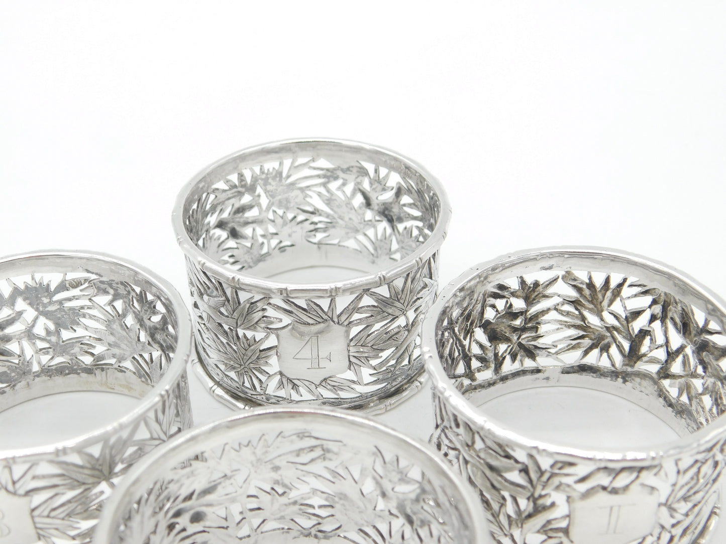 Luen Wo Shanghai Chinese Sterling Silver Set of 4 Numbered Napkin Rings c1890