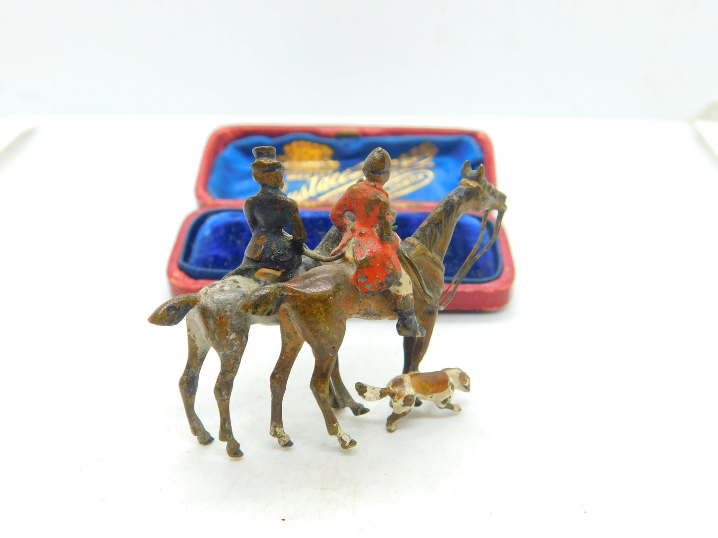 Victorian Cold Painted Small Bronze Hunting Scene Sculpture With Hound c1880