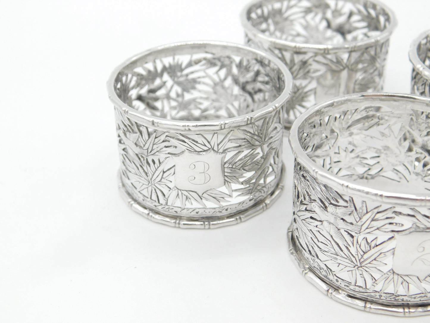 Luen Wo Shanghai Chinese Sterling Silver Set of 4 Numbered Napkin Rings c1890