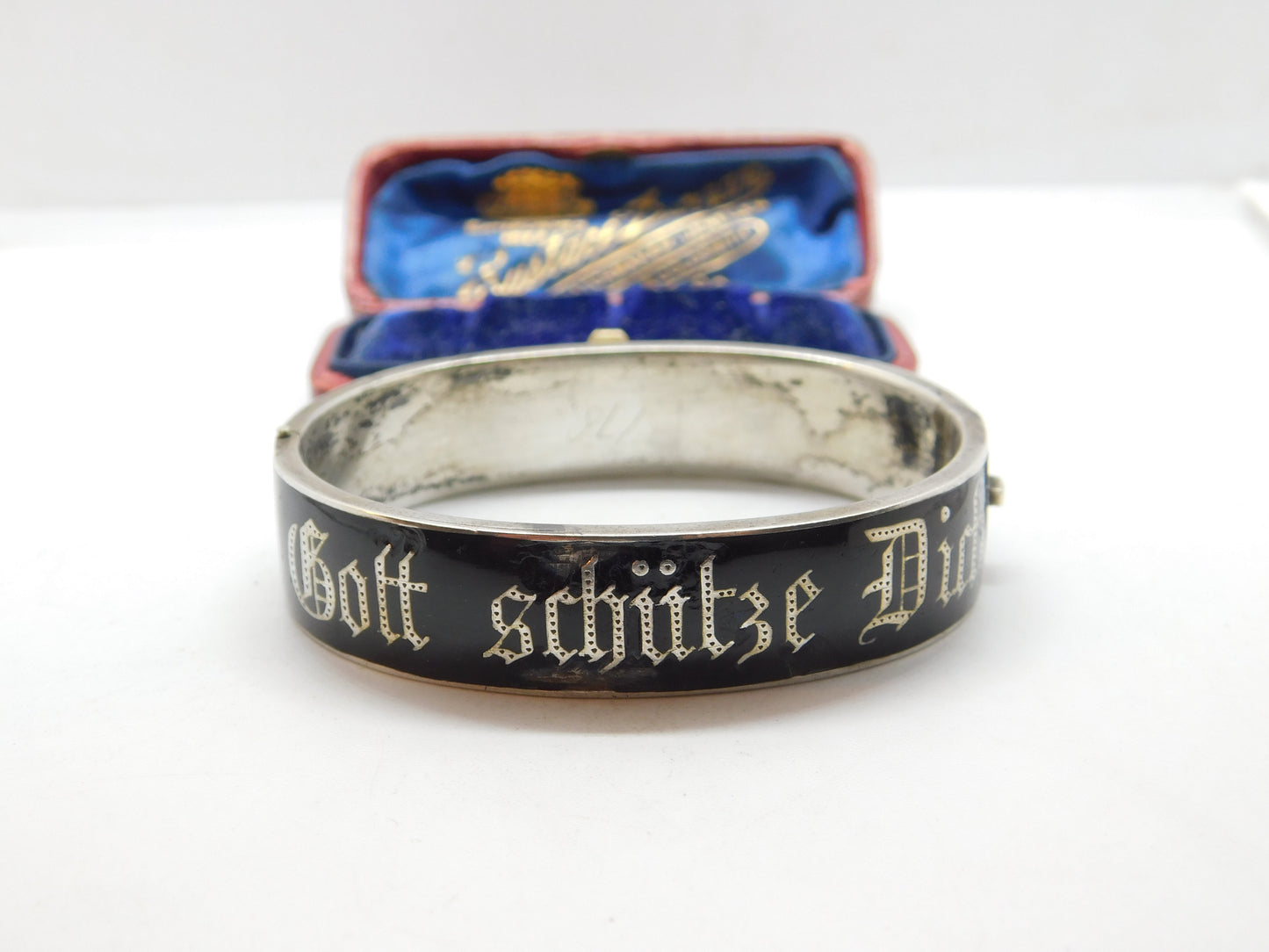 Austrian .800 Silver & Black Enamel 'Gott Schutze Dich' May God Bless You Mourning Bangle Antique c1925