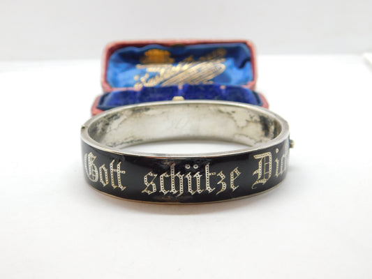 Austrian .800 Silver & Black Enamel 'Gott Schutze Dich' May God Bless You Mourning Bangle Antique c1925