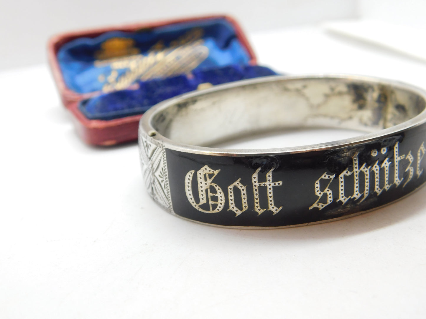 Austrian .800 Silver & Black Enamel 'Gott Schutze Dich' May God Bless You Mourning Bangle Antique c1925