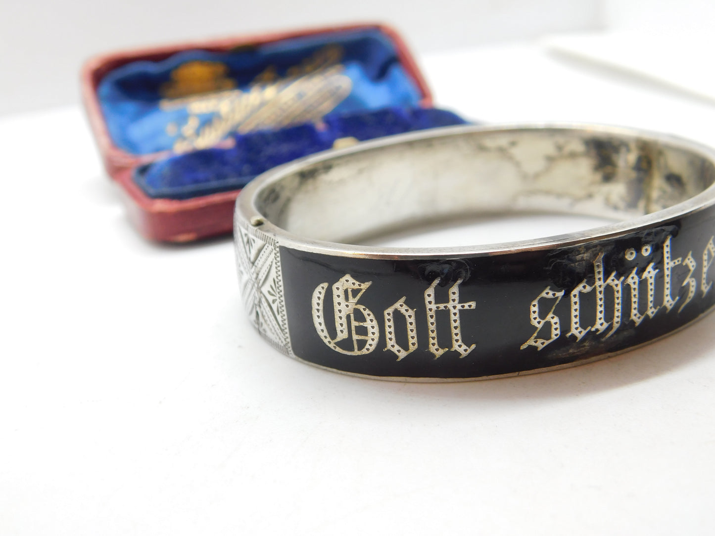 Austrian .800 Silver & Black Enamel 'Gott Schutze Dich' May God Bless You Mourning Bangle Antique c1925