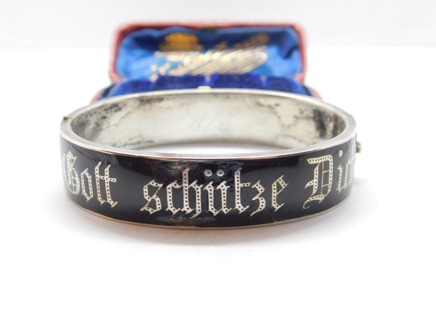 Austrian .800 Silver & Black Enamel 'Gott Schutze Dich' May God Bless You Mourning Bangle Antique c1925