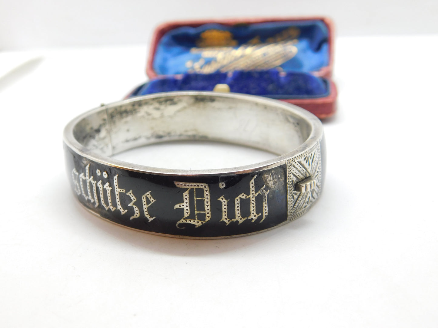 Austrian .800 Silver & Black Enamel 'Gott Schutze Dich' May God Bless You Mourning Bangle Antique c1925