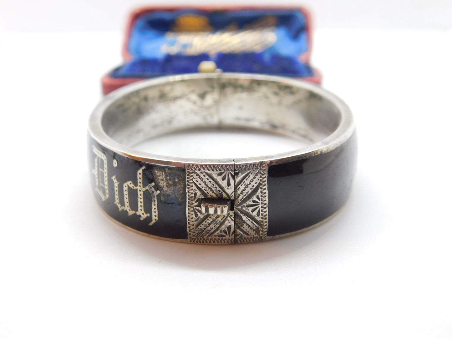 Austrian .800 Silver & Black Enamel 'Gott Schutze Dich' May God Bless You Mourning Bangle Antique c1925