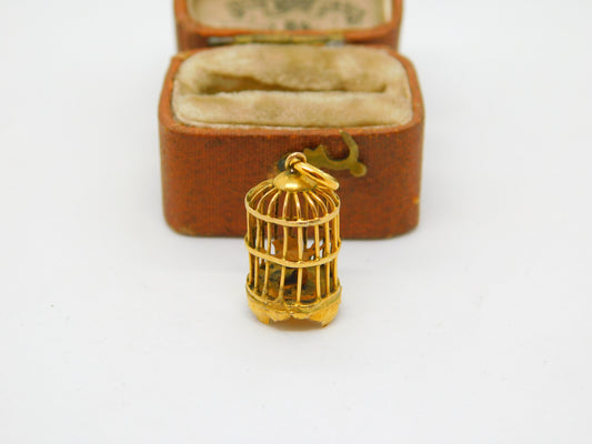 14ct Yellow Gold Bird in the Cage Charm Pendant Vintage c1960