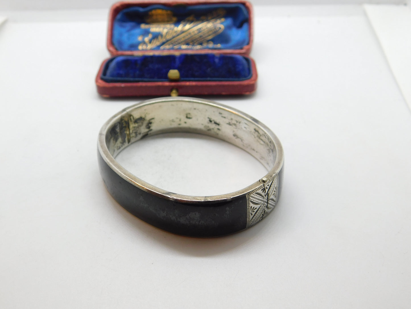 Austrian .800 Silver & Black Enamel 'Gott Schutze Dich' May God Bless You Mourning Bangle Antique c1925