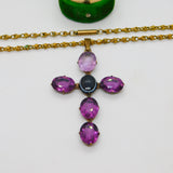 Victorian Large Pinchbeck Amethyst & Banded Agate Cross Necklace Antique c1860