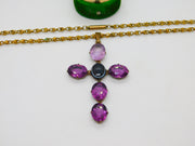 Victorian Large Pinchbeck Amethyst & Banded Agate Cross Necklace Antique c1860