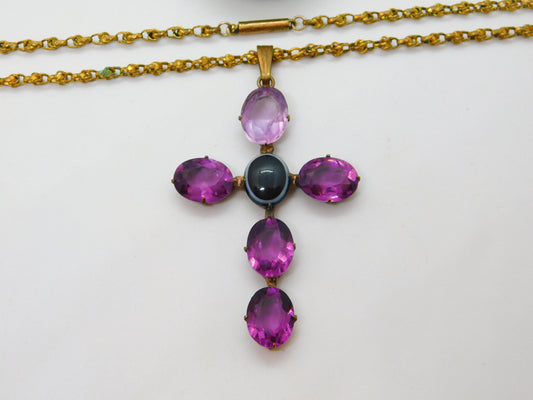 Victorian Large Pinchbeck Amethyst & Banded Agate Cross Necklace Antique c1860