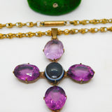 Victorian Large Pinchbeck Amethyst & Banded Agate Cross Necklace Antique c1860