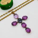 Victorian Large Pinchbeck Amethyst & Banded Agate Cross Necklace Antique c1860