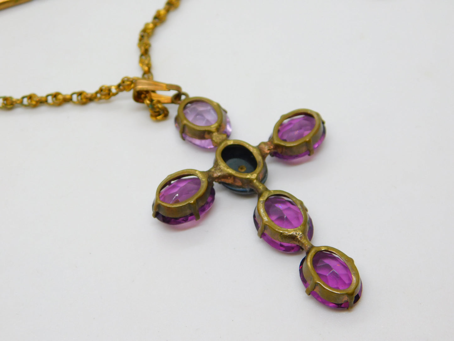 Victorian Large Pinchbeck Amethyst & Banded Agate Cross Necklace Antique c1860