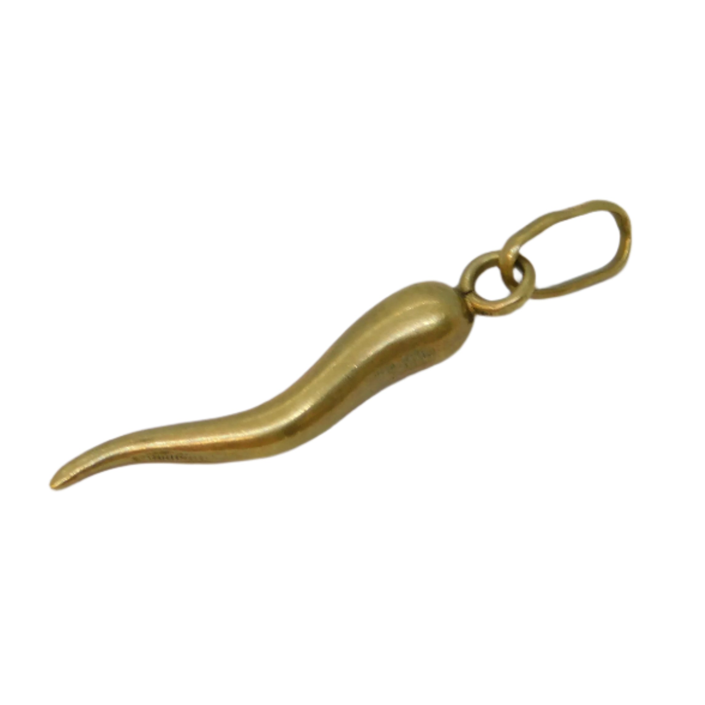 Gold-colored tongue-shaped pendant on a light gray background