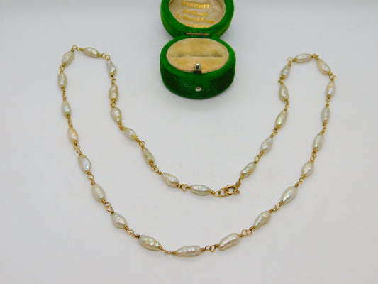 9ct Yellow Gold & Cultured Pearl Dress Necklace Vintage c1970 50cm Length