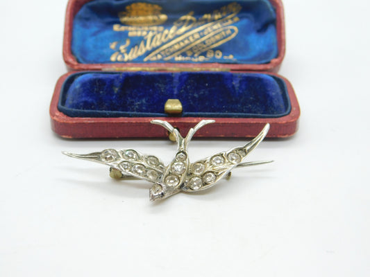 Victorian Sterling Silver & Paste Set Swallow Sweetheart Brooch Antique c1890
