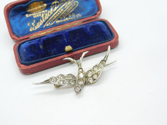 Victorian Sterling Silver & Paste Set Swallow Sweetheart Brooch Antique c1890