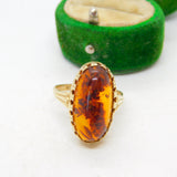 9ct Yellow Gold & Cabochon Baltic Amber Dress Ring Vintage c1970