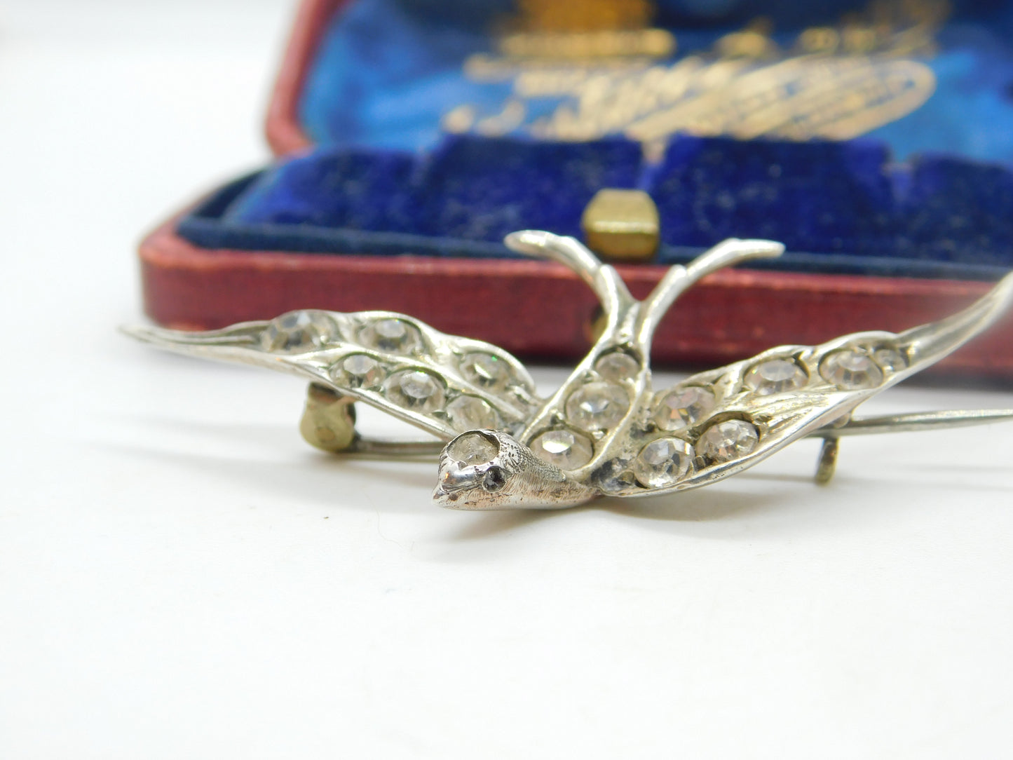 Victorian Sterling Silver & Paste Set Swallow Sweetheart Brooch Antique c1890