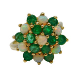 9ct Yellow Gold, Emerald & Opal Floral Cluster Ring Vintage 1972 London