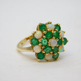 9ct Yellow Gold, Emerald & Opal Floral Cluster Ring Vintage 1972 London