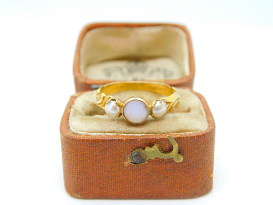 Victorian 18ct Yellow Gold Opal & Pearl Floral Band Ring c1840 Antique