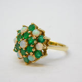 9ct Yellow Gold, Emerald & Opal Floral Cluster Ring Vintage 1972 London